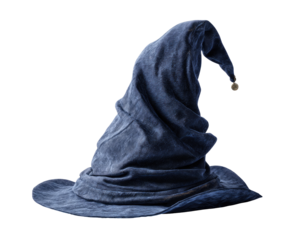 Dark blue, pointed wizard hat, draped folds