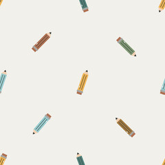 Seamless pattern with pencils. Back to school. For fabric, wrapping, cards, textile, wallpaper, apparel. Isolated vector illustration in flat cartoon style.