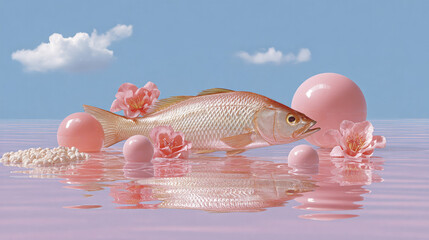 Fish in the pink water, minimalism surreal art.