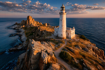 Ilyinsky lighthouse at Saint Elijah cape in Feodosiy vicinity, Crimea, Russia.White stone lighthouse in eodosia at Crimean Easterncoast of Black sea. Popula landmark, travel blog conept