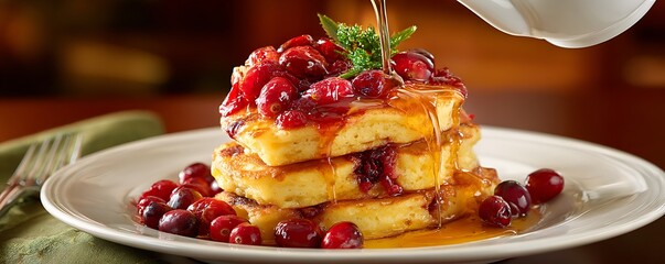 Pancake stack covered with cranberries and maple syrup on a white plate