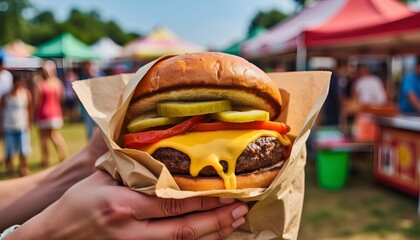 A classic @burger with American cheese, pickles, mustard, and ketchup, wrapped in paper and held in someone's hands at a bustling summer fair with colorful tents and food stalls.