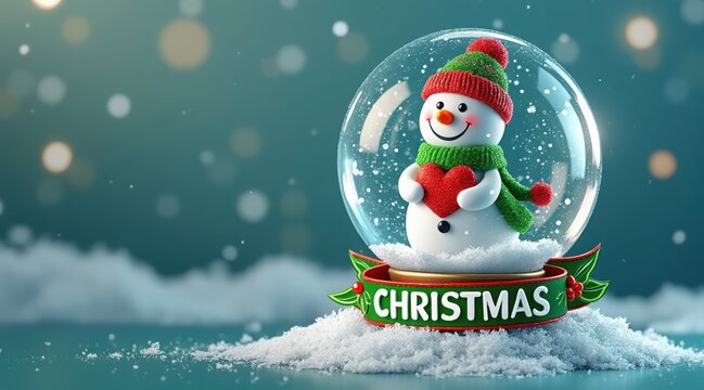 Snowman inside a snow globe with merry christmas text, festive winter holiday scene