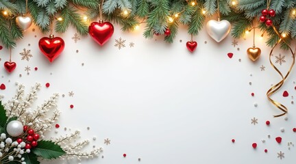 Festive christmas border with pine branches, heart ornaments, berries, and fairy lights on white background