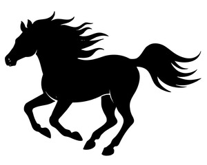Majestic black silhouette of a running horse with flowing mane and tail, silhouette vector illustration