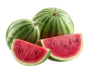 Two whole watermelons and two slices, vibrant red flesh contrasted with green rind