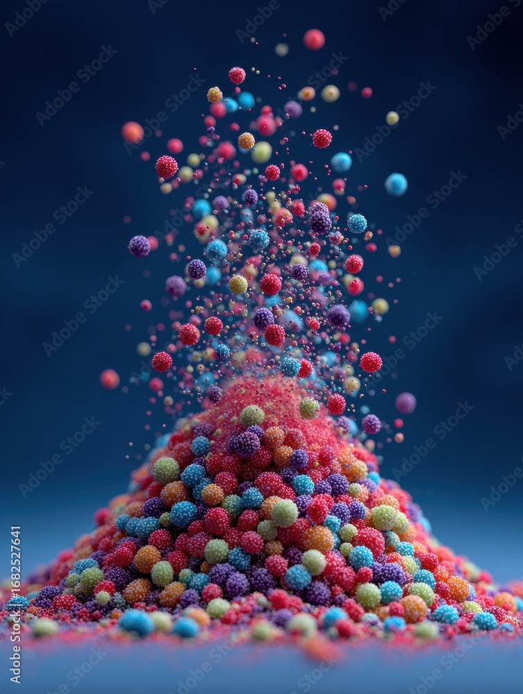 Poster colorful explosion of edible sprinkles creating a vibrant mountain of texture and sweetness in a pla