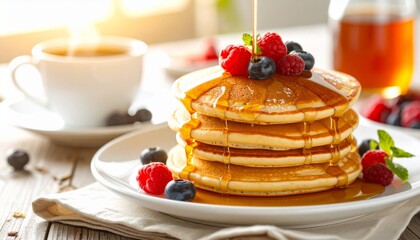 Stack of Pancakes with Berries and Syrup