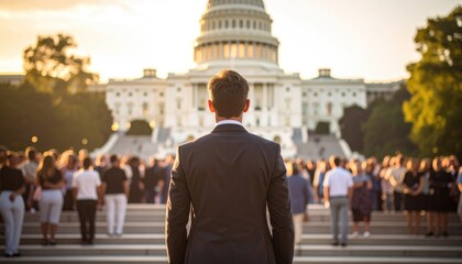 Man in a suit views a grand domed building from stairs above a blurred crowd, lit by a warm sunset glow