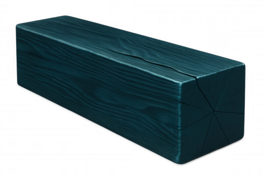 Weathered wooden beam in dark teal, showcasing natural wood grain and linear cracks, positioned against transparent backdrop for design projects