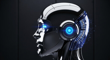 Fototapeta premium Futuristic AI robot head with glowing eyes and intricate design on dark background