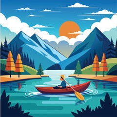 Kayaking on the Lake Illustration, Scenic Outdoor Adventure with Calm Water and Nature Background