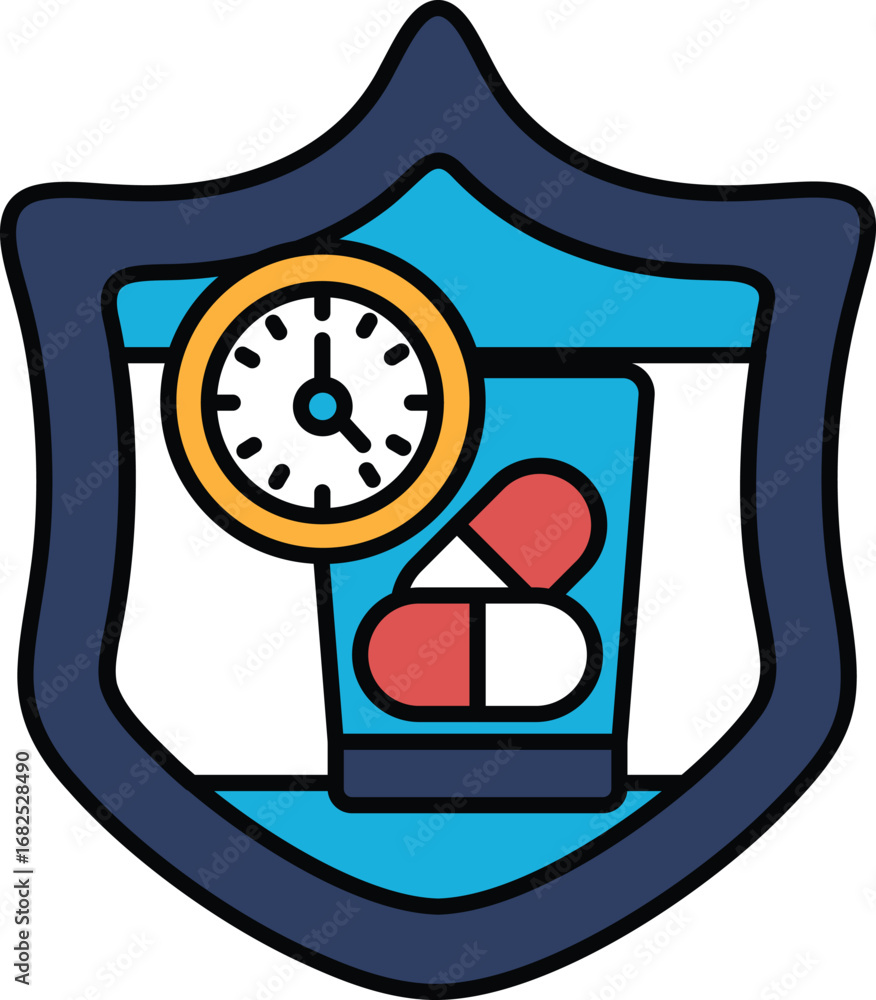 Poster a black and white image of a shield with a clock on it