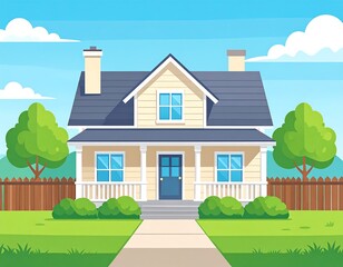 Suburban house, green lawn, sunny day