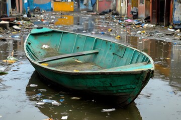 Obraz premium An abandoned boat trapped in the middle of a flooded street its hull half submerged in murky water with debris floating