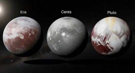 Comparison of Dwarf Planets Eris, Ceres, and Pluto in Space