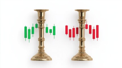 Minimalist candlestick trading chart with green and red bars, indicating upward market growth, isolated on white background, ideal for fintech platforms or trading guides