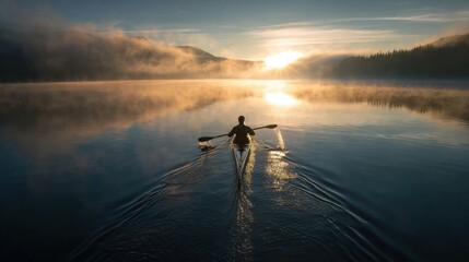 A powerful shot of a solo kayaker paddling with a strong, focused stroke on a calm, pristine lake at sunrise. The morning mist hovers over the water.