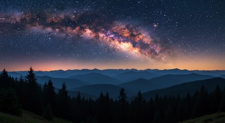 Naklejka premium Majestic Milky Way Galaxy Over Mountain Range at Night with Sparkling Stars and Dark Forest in Foreground Landscape