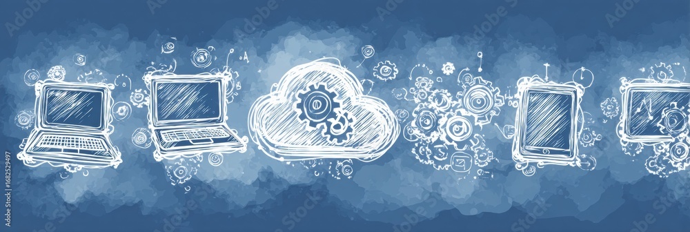 Poster tech illustration depicting cloud computing with laptops and tablets on a blue background showcasing