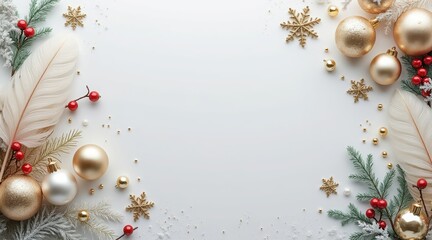Fototapeta premium Elegant christmas frame with gold ornaments, pine branches, and feathers on a white background
