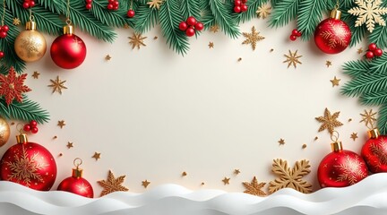 Christmas garland with red ornaments, pine branches, snowflakes, and snow on a white background