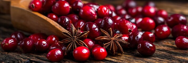 Cranberries and star anise on wooden surface, close-up, seasonal