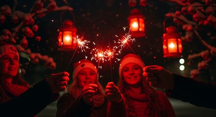 Two children holding sparklers with red lanterns and festive lights at night