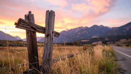 A rustic fence in a field of tall grass, bathed in the soft glow of a vibrant sunset with majestic mountains in the background