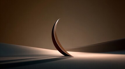 A large, curved metal sculpture is standing in the sand. The sculpture is shaped like a crescent moon, and it is surrounded by a sandy landscape. Concept of tranquility and serenity