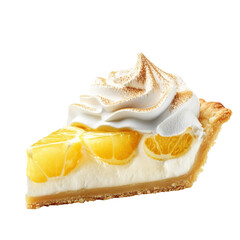 Slice of citrus pie with meringue topping featuring fresh oranges and a golden crust perfect for dessert lovers and baking enthusiasts alike on transparent background