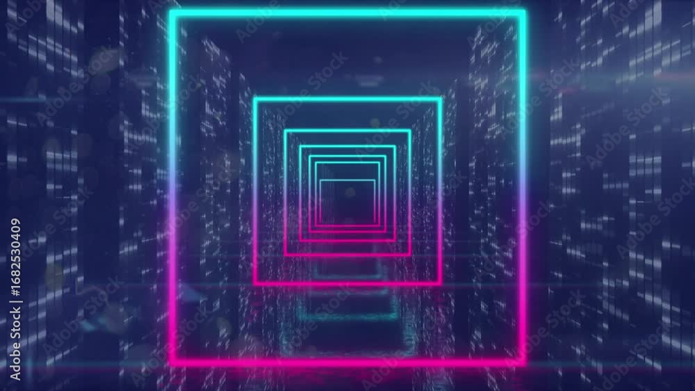 Poster animation of tunnel made of neon squares and data processing on navy background
