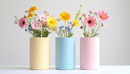 Three pastel vases holding colorful, assorted flowers sit against a neutral backdrop, conveying a sense of delicate beauty and fresh spring vibes