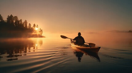 A powerful shot of a solo kayaker paddling with a strong, focused stroke on a calm, pristine lake at sunrise. The morning mist hovers over the water.