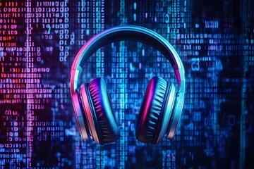 A set of headphones, with the earcups subtly glowing in neon hues, surrounded by floating words and phrases, representing podcasting and the power of storytelling. 