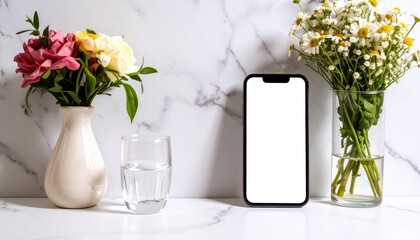 Flowers in vases & glass of water flank a smartphone with a blank white screen on a marble surface, creating a still life composition