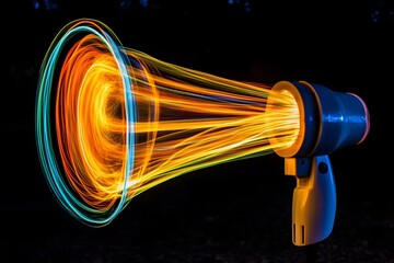 A neon-lit megaphone with light streaks expanding outward, set against a black background, representing the amplification of voices in comedy and entertainment.