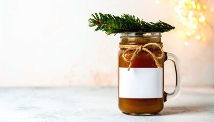 Amber liquid in a glass jar tied with twine, topped with greenery, rests on a textured surface with bokeh lights