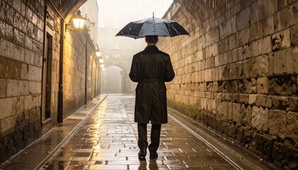 A man walks under an umbrella on a wet stone street, flanked by lit archways and stone walls, in an alleyway on a rainy, overcast evening
