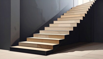 A modern staircase ascends with light wooden steps and dark risers against a muted gray wall, showcasing a minimalist architectural design