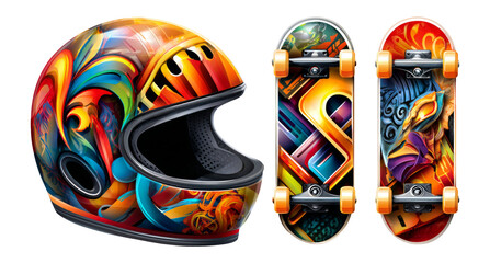 Colorful Artistic Helmet and Skateboards with Vibrant Designs and Patterns