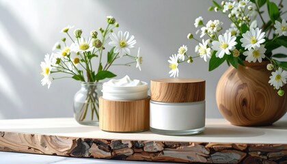 Two cosmetic jars with wooden lids sit on a rough-cut wooden board, flanked by vases filled with delicate white flowers, bathed in soft, dappled light