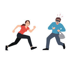 Brave woman chasing a masked thief who stole her bag, symbolizing crime. Flat vector illustration isolated on white background