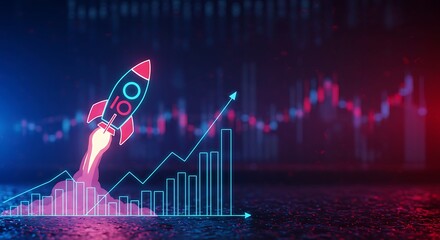 Creative concept of financial success and investment boost, with a neon rocket launching on a bullish stock market chart background