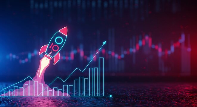 Creative concept of financial success and investment boost, with a neon rocket launching on a bullish stock market chart background