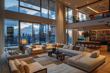 Luxurious High-Rise Apartment Interior Featuring Panoramic City Views and Elegant Design Details at Dusk