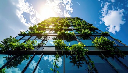 A modern building with lush greenery cascading down its reflective glass facade under a bright blue sky with fluffy white clouds