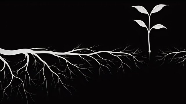 Abstract Illustration Of White Plant Roots And Sapling In Black Backdrop
