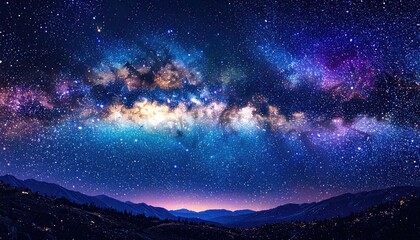 Naklejka premium A vibrant panorama of the Milky Way stretching over a hilly landscape, awash in blues, purples, and golds, creates a sense of vastness