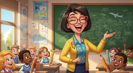 Smiling Female Teacher in Yellow Cardigan Engaging Happy Diverse Children in Bright Classroom